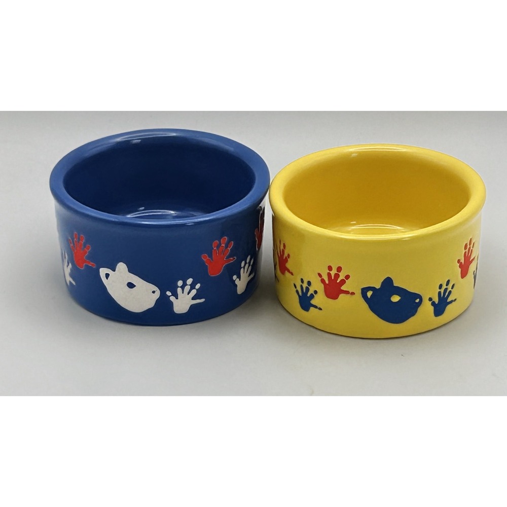 Super Pet Ceramic Small Animal Bowls Blue Yellow‎ Handprint Hamster Gerbil Set 2